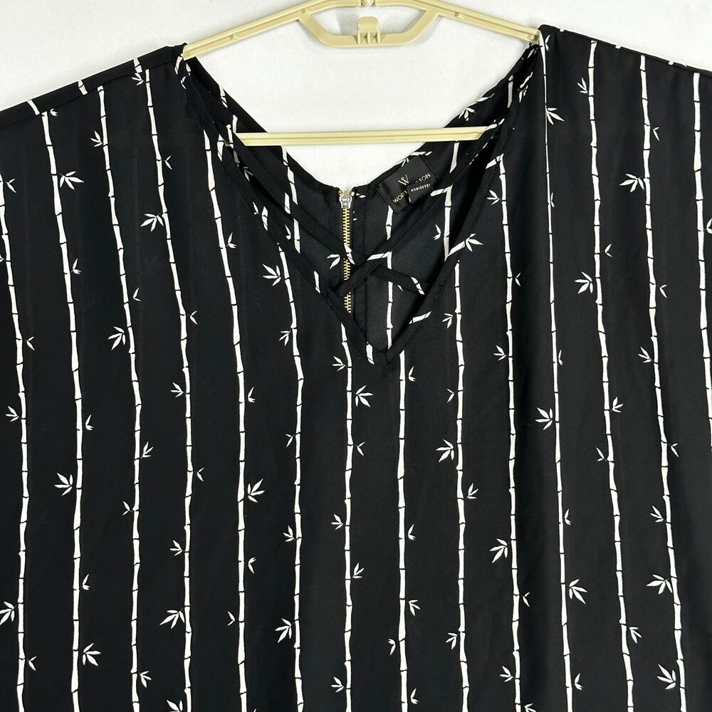 Worthington Top Women XL Black White Bamboo Short Sleeve V Neck Dark Tropical